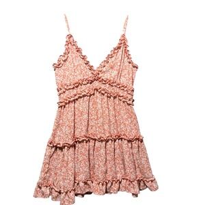 IRIS Floral Ruffle Tiered‎ Mini Summer Dress Coral Pink White Large